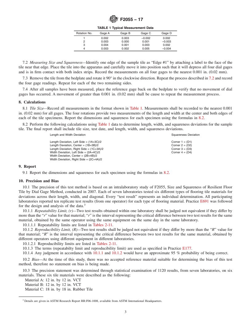 REDLINE ASTM F2055-17 - Standard Test Method for  Size and Squareness of Resilient Floor Tile by Dial Gage Method