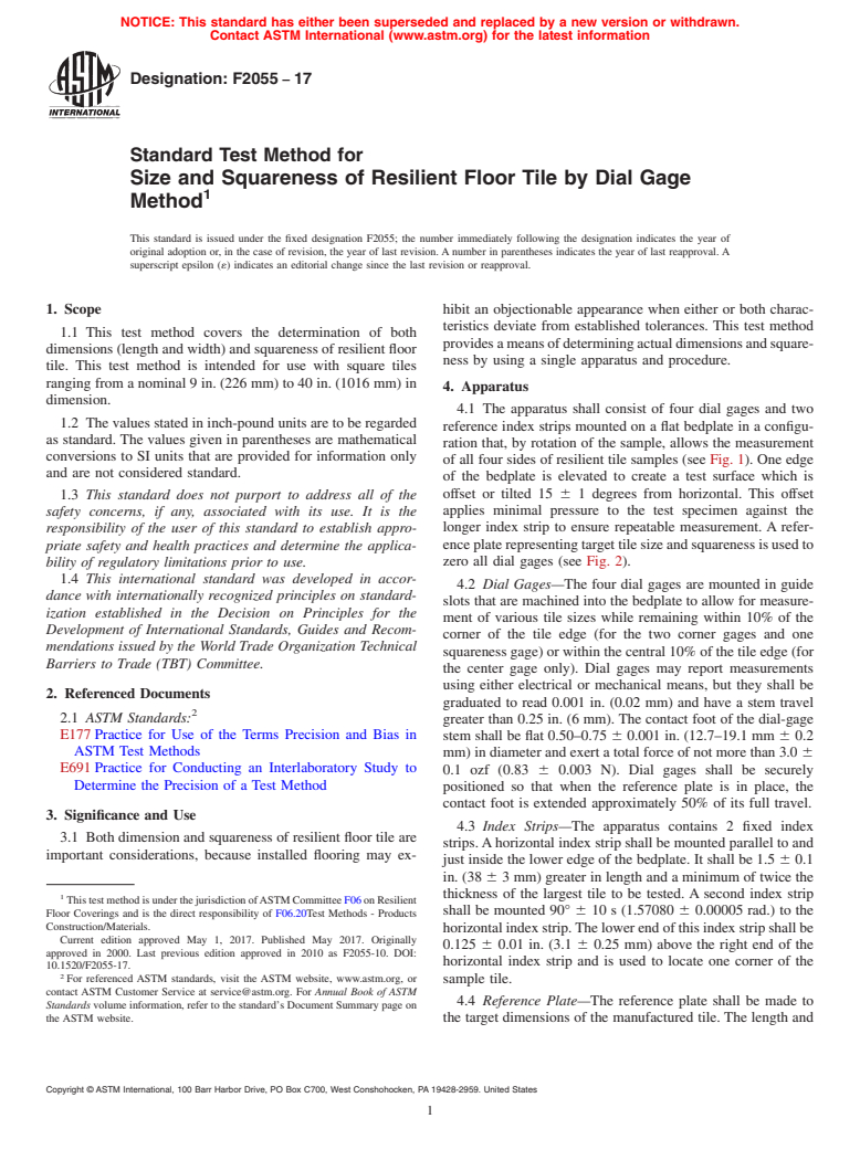 ASTM F2055-17 - Standard Test Method for  Size and Squareness of Resilient Floor Tile by Dial Gage Method