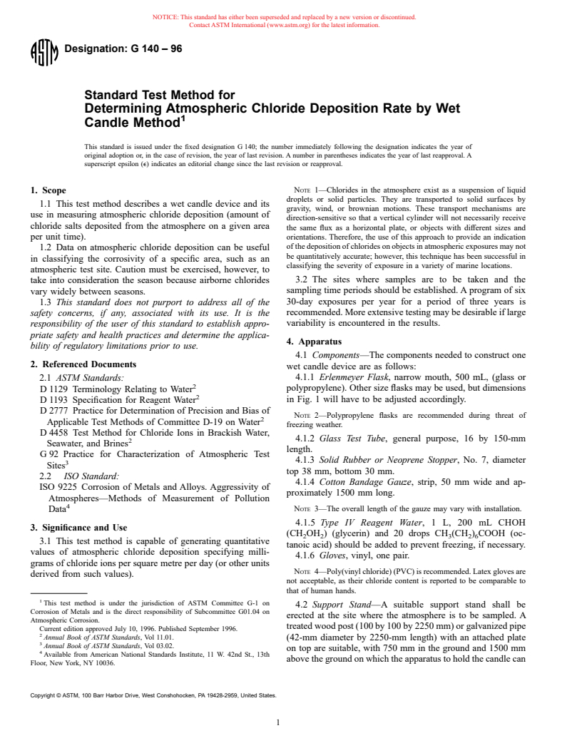 ASTM G140-96 - Standard Test Method for Determining Atmospheric Chloride Deposition Rate by Wet Candle Method