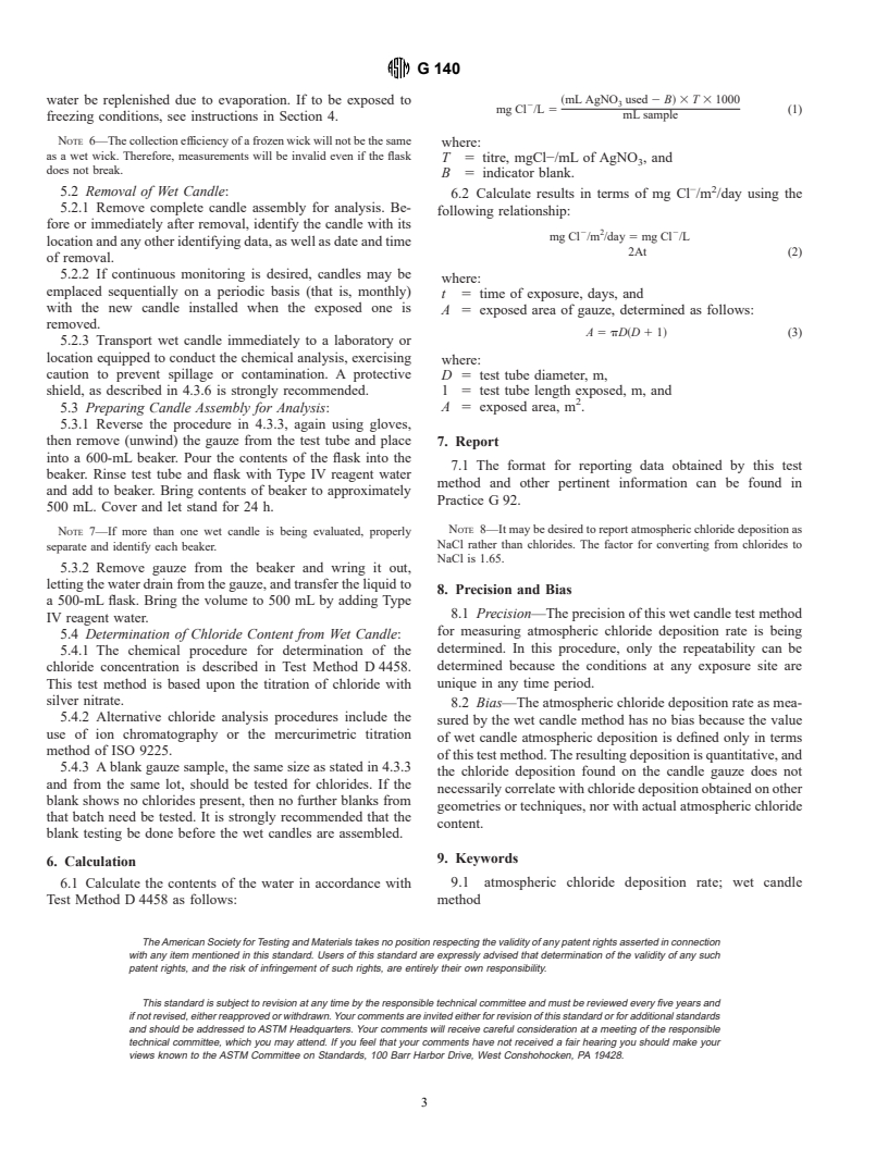 ASTM G140-96 - Standard Test Method for Determining Atmospheric Chloride Deposition Rate by Wet Candle Method