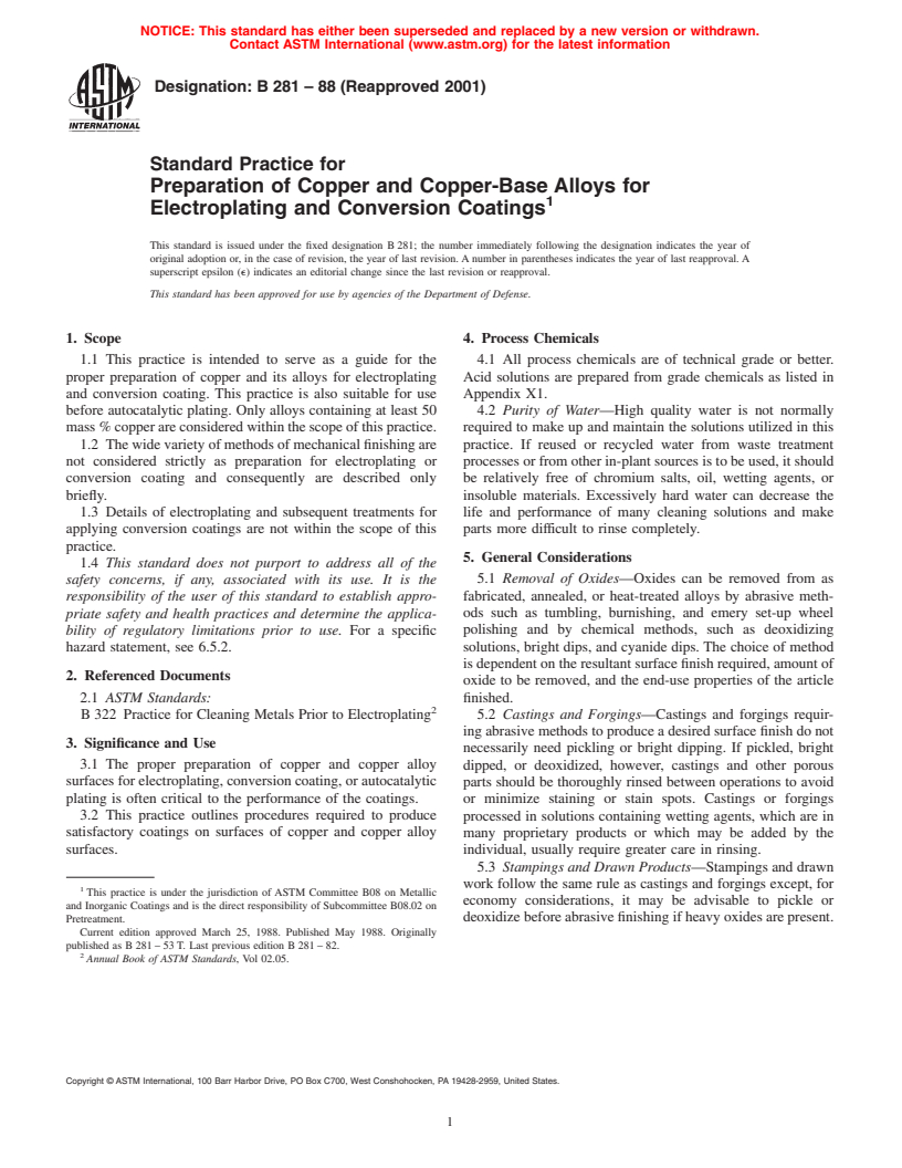 ASTM B281-88(2001) - Standard Practice for Preparation of Copper and Copper-Base Alloys for Electroplating and Conversion Coatings