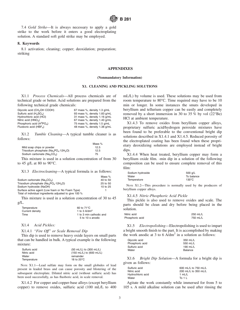 ASTM B281-88(2001) - Standard Practice for Preparation of Copper and Copper-Base Alloys for Electroplating and Conversion Coatings