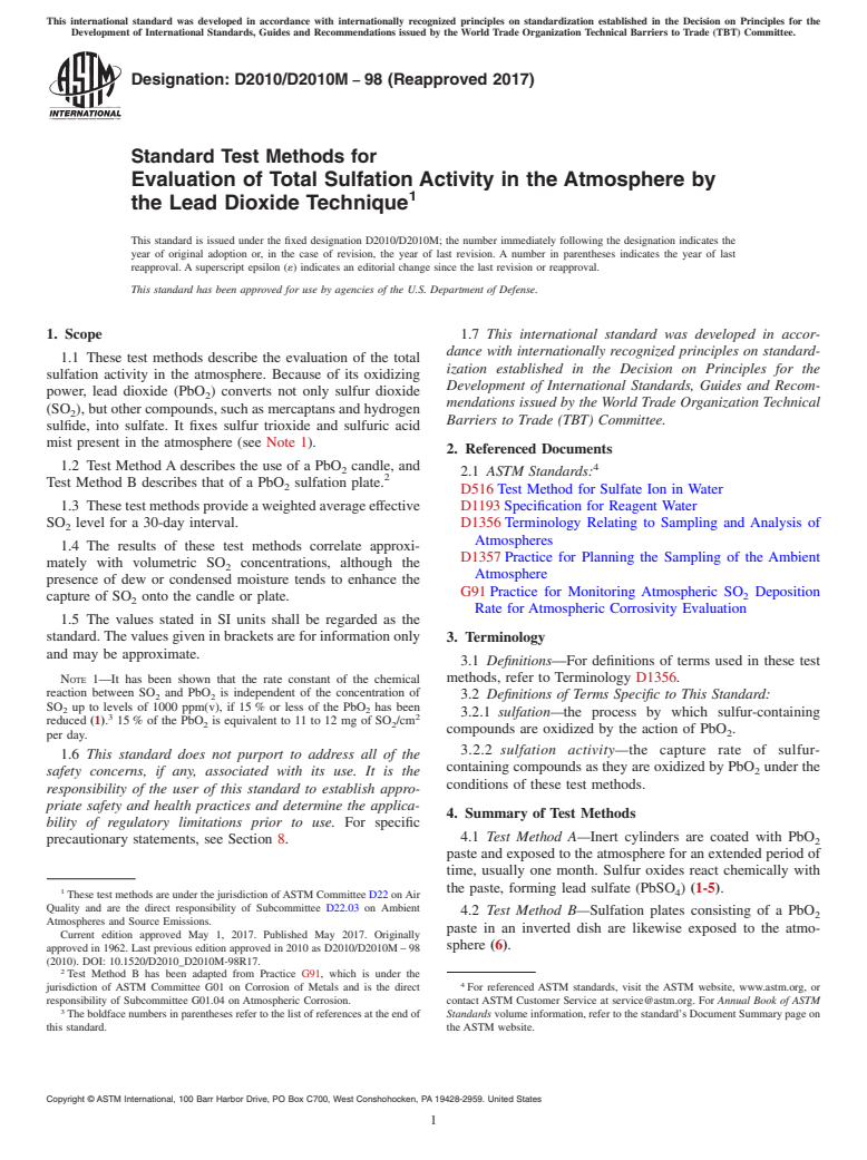 ASTM D2010/D2010M-98(2017) - Standard Test Methods for  Evaluation of Total Sulfation Activity in the Atmosphere by  the Lead Dioxide Technique