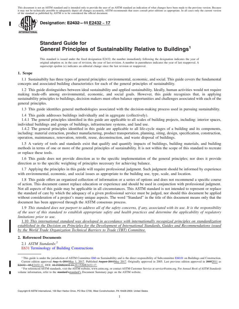 REDLINE ASTM E2432-17 - Standard Guide for General Principles of Sustainability Relative to Buildings