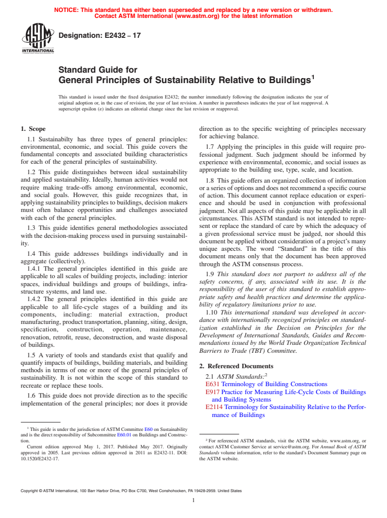 ASTM E2432-17 - Standard Guide for General Principles of Sustainability Relative to Buildings