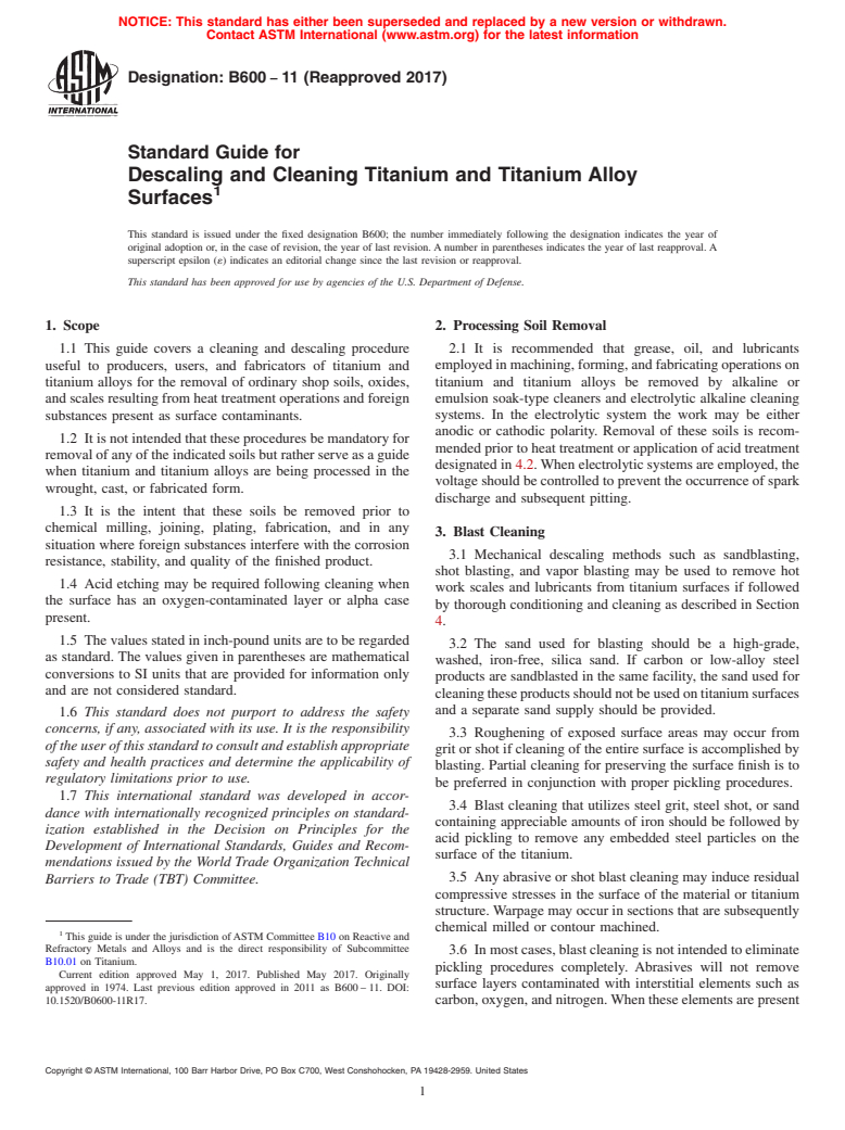 ASTM B600-11(2017) - Standard Guide for  Descaling and Cleaning Titanium and Titanium Alloy Surfaces