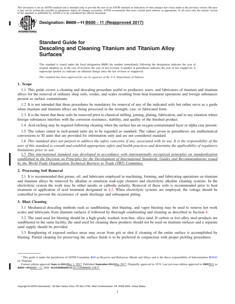 REDLINE ASTM B600-11(2017) - Standard Guide for  Descaling and Cleaning Titanium and Titanium Alloy Surfaces