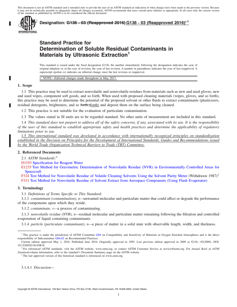 REDLINE ASTM G136-03(2016)e1 - Standard Practice for  Determination of Soluble Residual Contaminants in Materials  by Ultrasonic Extraction