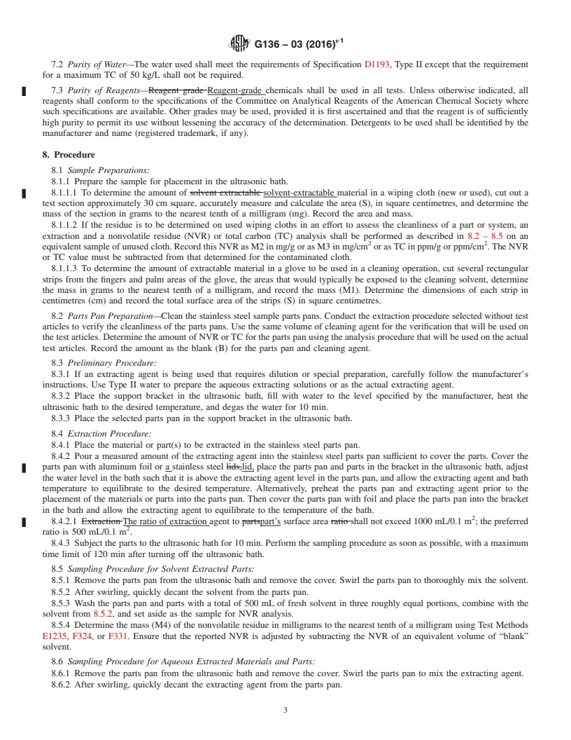 REDLINE ASTM G136-03(2016)e1 - Standard Practice for  Determination of Soluble Residual Contaminants in Materials  by Ultrasonic Extraction