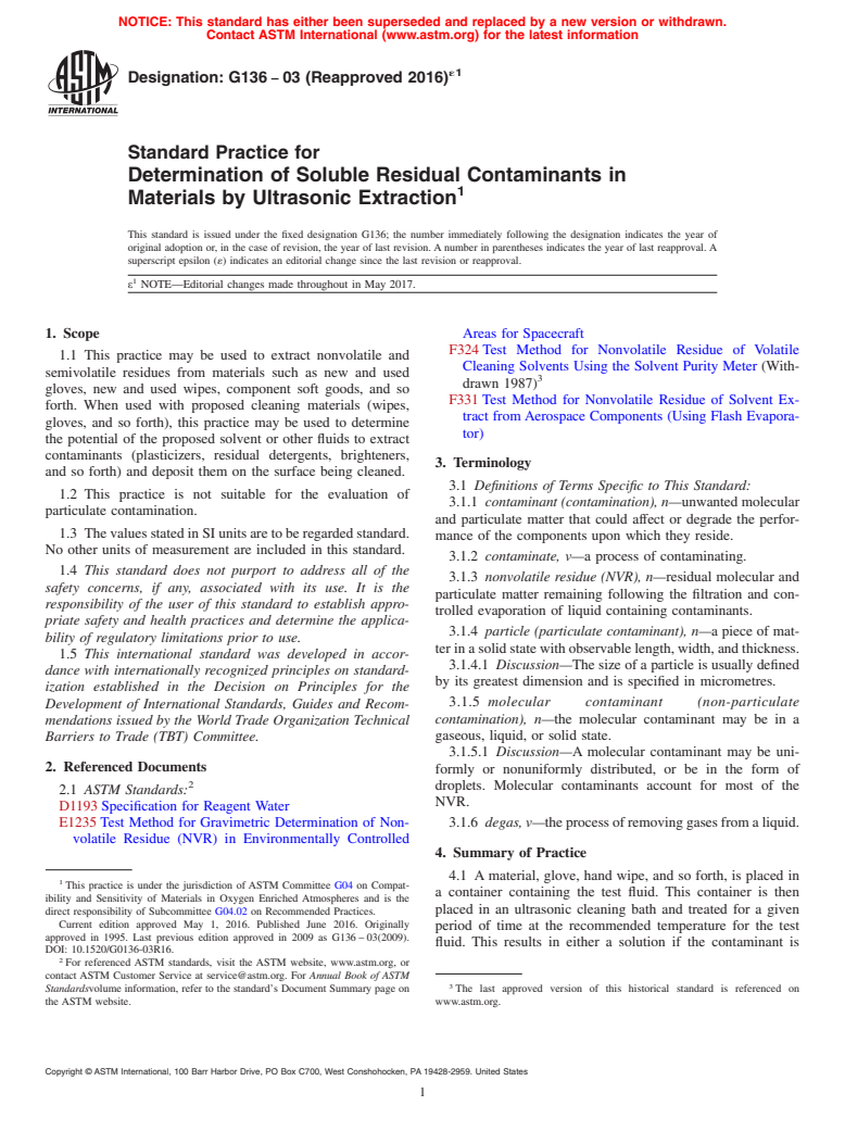 ASTM G136-03(2016)e1 - Standard Practice for  Determination of Soluble Residual Contaminants in Materials  by Ultrasonic Extraction