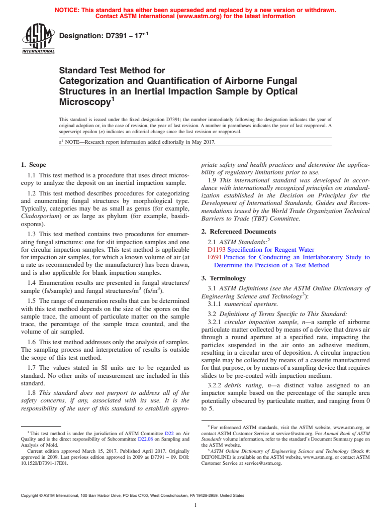 ASTM D7391-17e1 - Standard Test Method for  Categorization and Quantification of Airborne Fungal Structures  in an Inertial Impaction Sample by Optical Microscopy