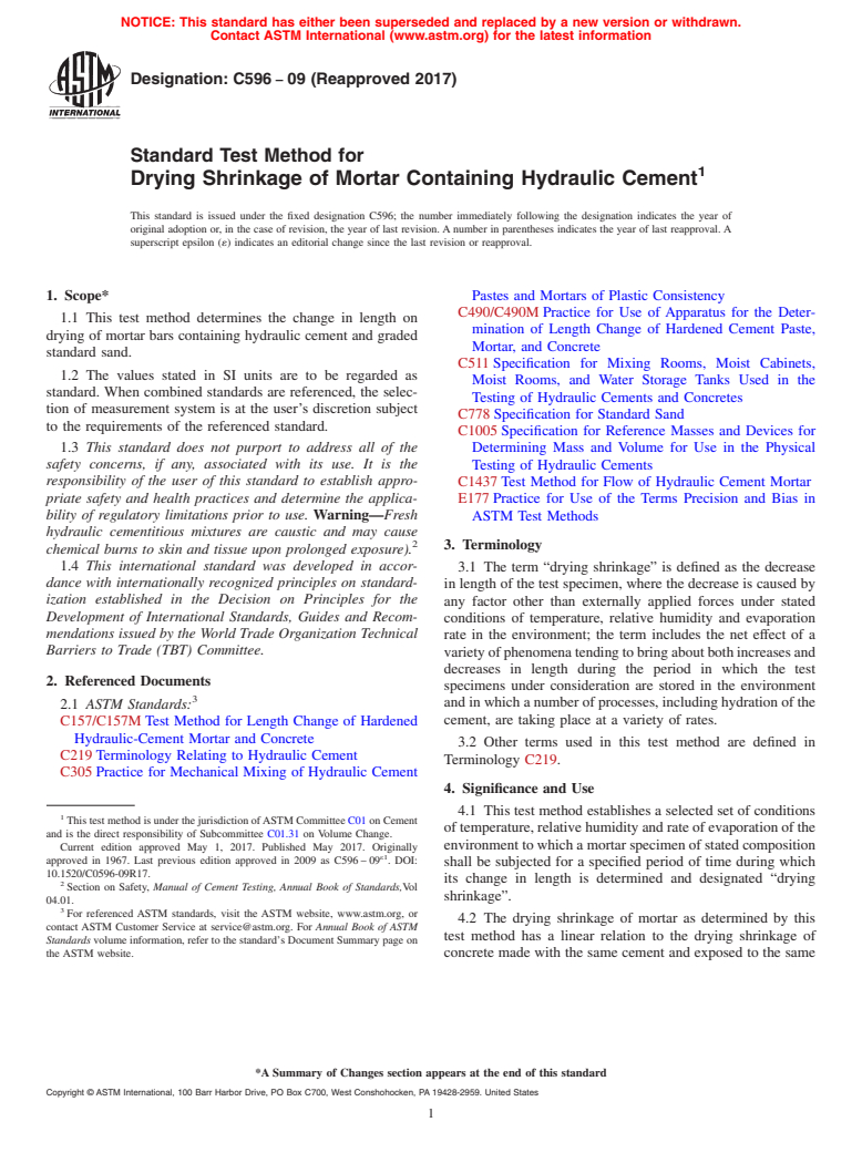 ASTM C596-09(2017) - Standard Test Method for  Drying Shrinkage of Mortar Containing Hydraulic Cement