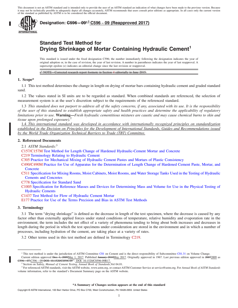 REDLINE ASTM C596-09(2017) - Standard Test Method for  Drying Shrinkage of Mortar Containing Hydraulic Cement