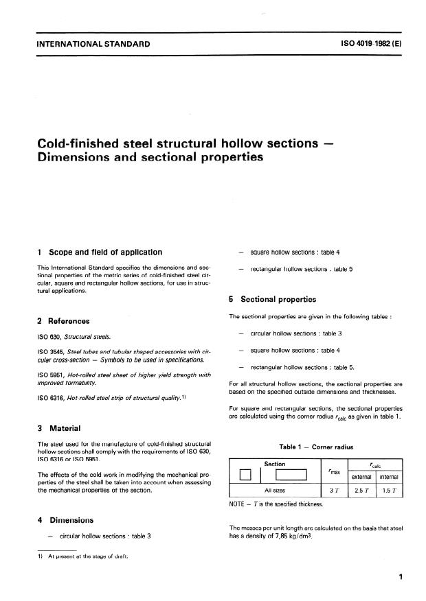 ISO 4019:1982 - Cold-finished steel structural hollow sections -- Dimensions and sectional properties