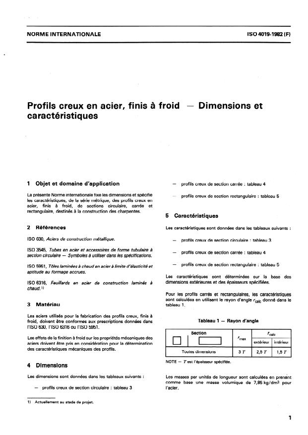 ISO 4019:1982 - Profils creux en acier, finis a froid -- Dimensions et caractéristiques