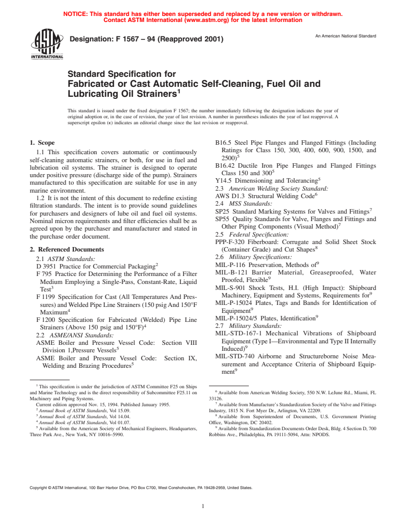 ASTM F1567-94(2001) - Standard Specification for Fabricated or Cast Automatic Self-Cleaning, Fuel Oil and Lubricating Oil Strainers