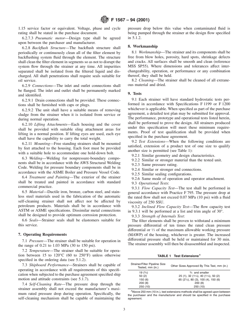 ASTM F1567-94(2001) - Standard Specification for Fabricated or Cast Automatic Self-Cleaning, Fuel Oil and Lubricating Oil Strainers