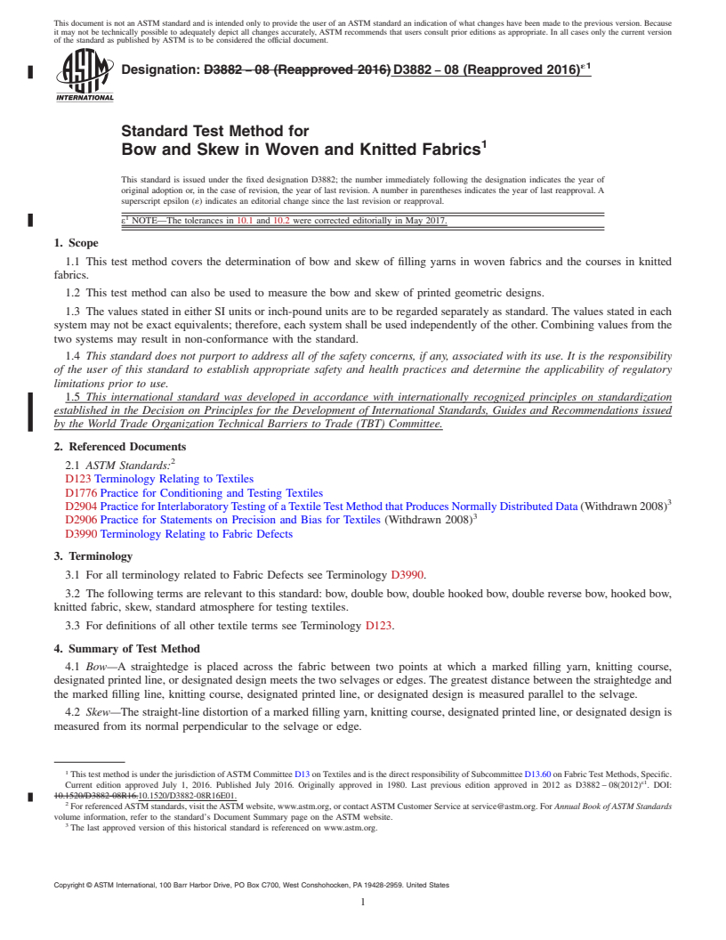 REDLINE ASTM D3882-08(2016)e1 - Standard Test Method for  Bow and Skew in Woven and Knitted Fabrics