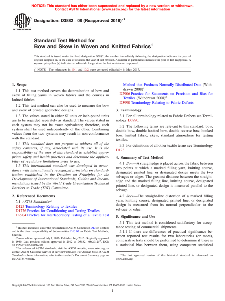 ASTM D3882-08(2016)e1 - Standard Test Method for  Bow and Skew in Woven and Knitted Fabrics