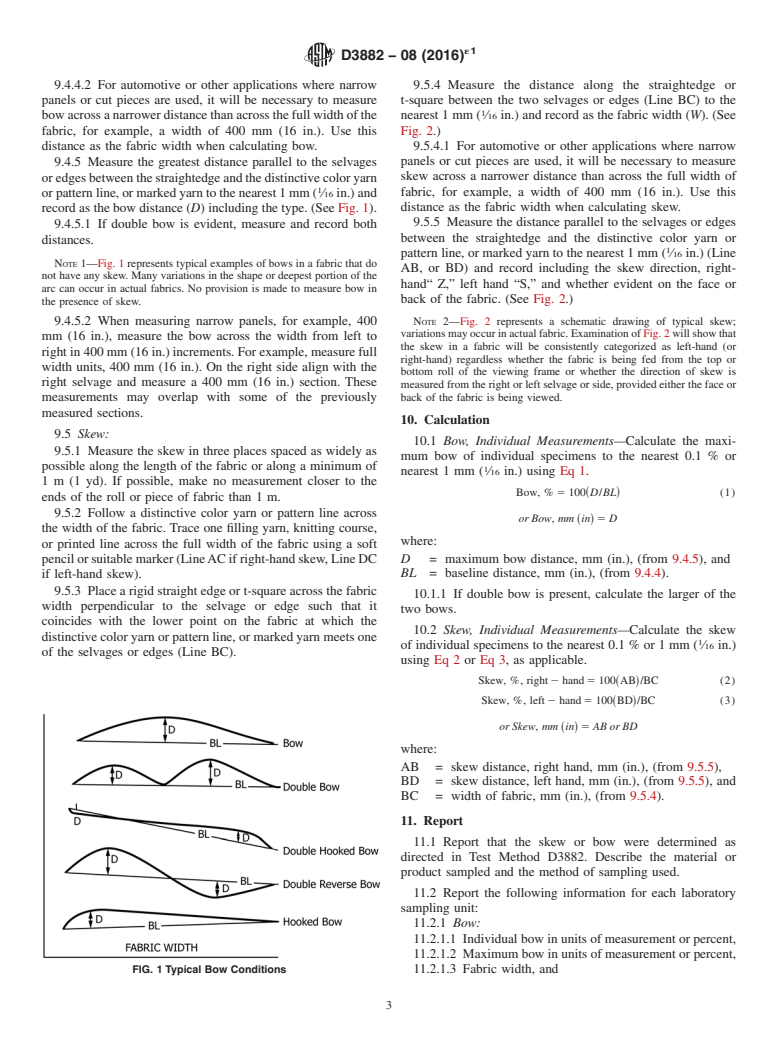 ASTM D3882-08(2016)e1 - Standard Test Method for  Bow and Skew in Woven and Knitted Fabrics