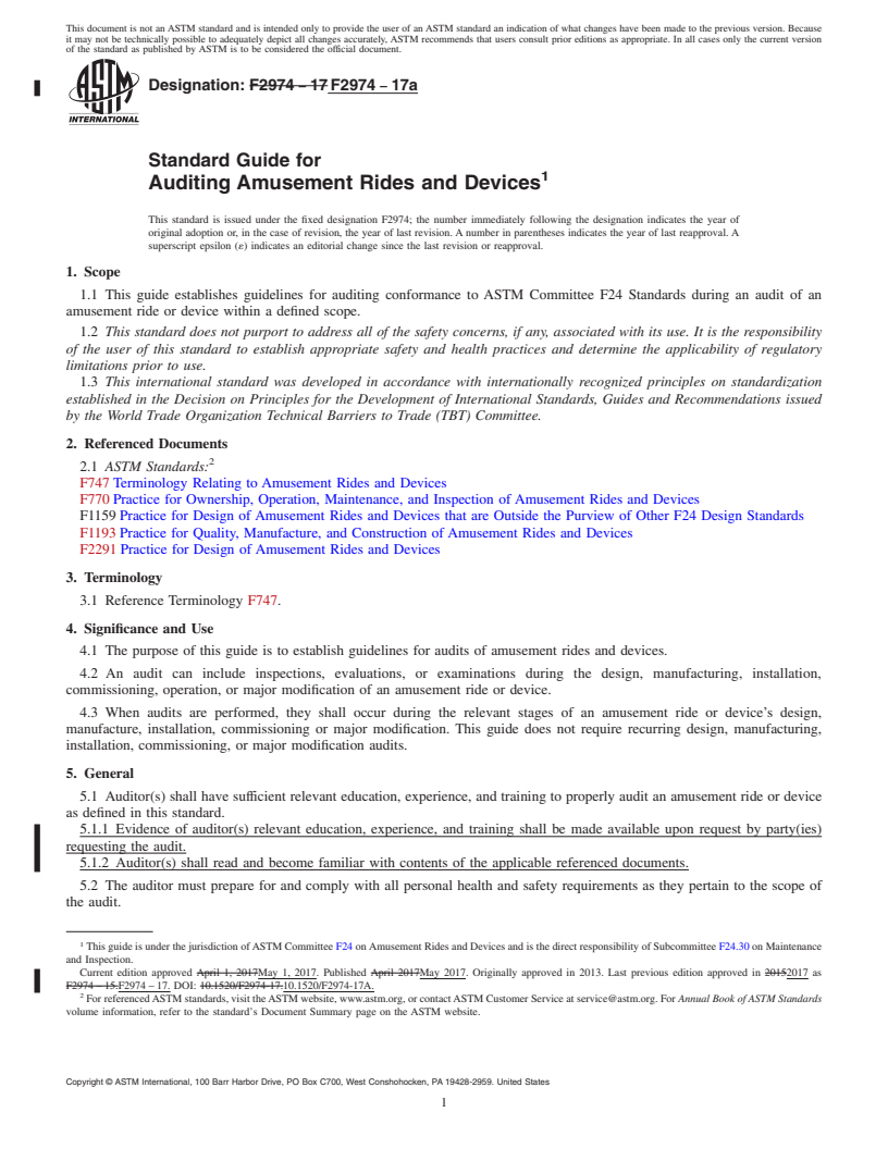 REDLINE ASTM F2974-17a - Standard Guide for Auditing Amusement Rides and Devices