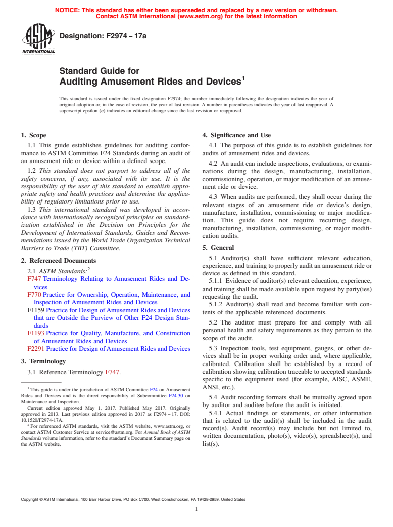 ASTM F2974-17a - Standard Guide for Auditing Amusement Rides and Devices