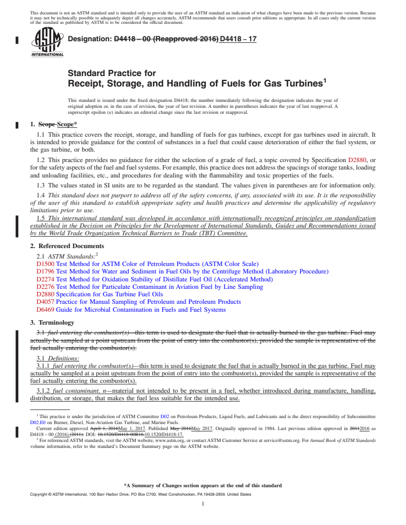 REDLINE ASTM D4418-17 - Standard Practice for  Receipt, Storage, and Handling of Fuels for Gas Turbines