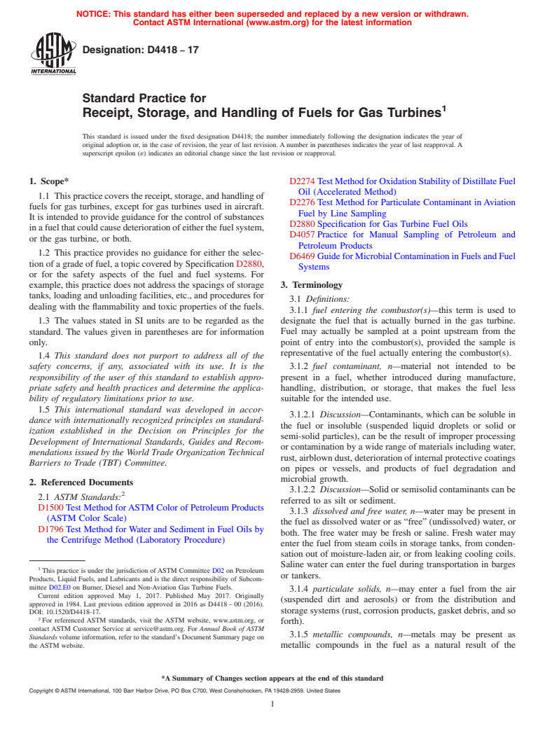 ASTM D4418-17 - Standard Practice for  Receipt, Storage, and Handling of Fuels for Gas Turbines