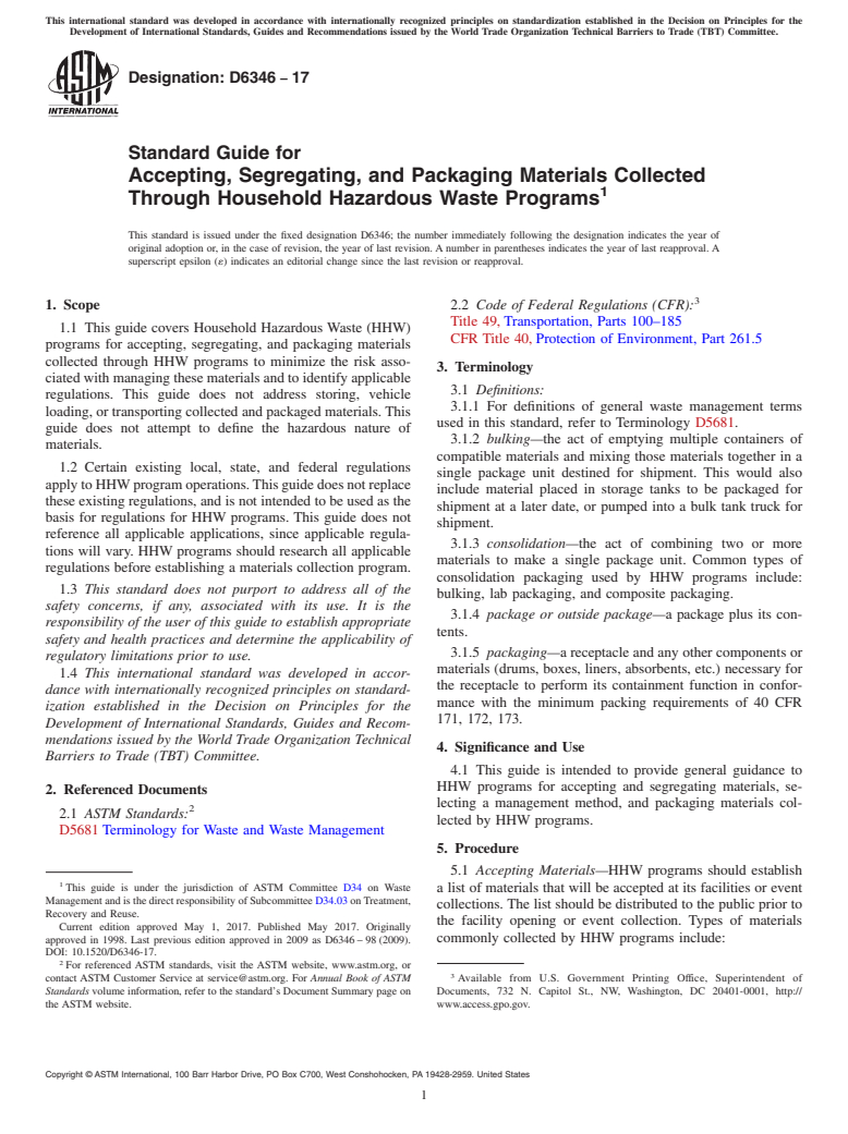 ASTM D6346-17 - Standard Guide for  Accepting, Segregating, and Packaging Materials Collected Through  Household Hazardous Waste Programs