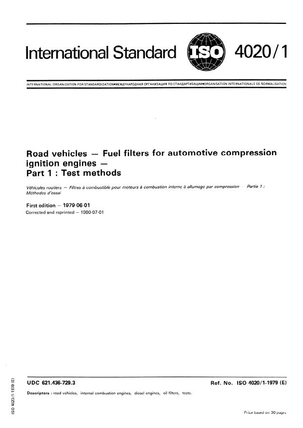 ISO 4020-1:1979 - Road vehicles -- Fuel filters for automotive compression ignition engines