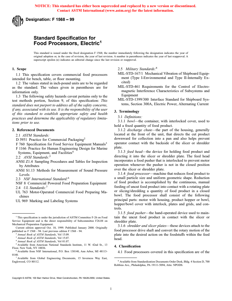 ASTM F1568-99 - Standard Specification for Food Processors, Electric