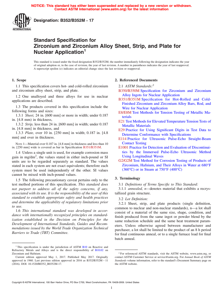 ASTM B352/B352M-17 - Standard Specification for Zirconium and Zirconium Alloy Sheet, Strip, and Plate for Nuclear  Application