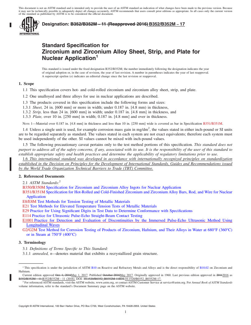REDLINE ASTM B352/B352M-17 - Standard Specification for Zirconium and Zirconium Alloy Sheet, Strip, and Plate for Nuclear  Application