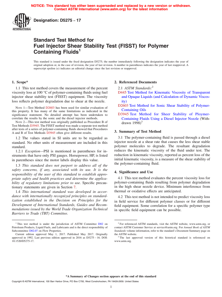 ASTM D5275-17 - Standard Test Method for  Fuel Injector Shear Stability Test (FISST) for Polymer Containing   Fluids