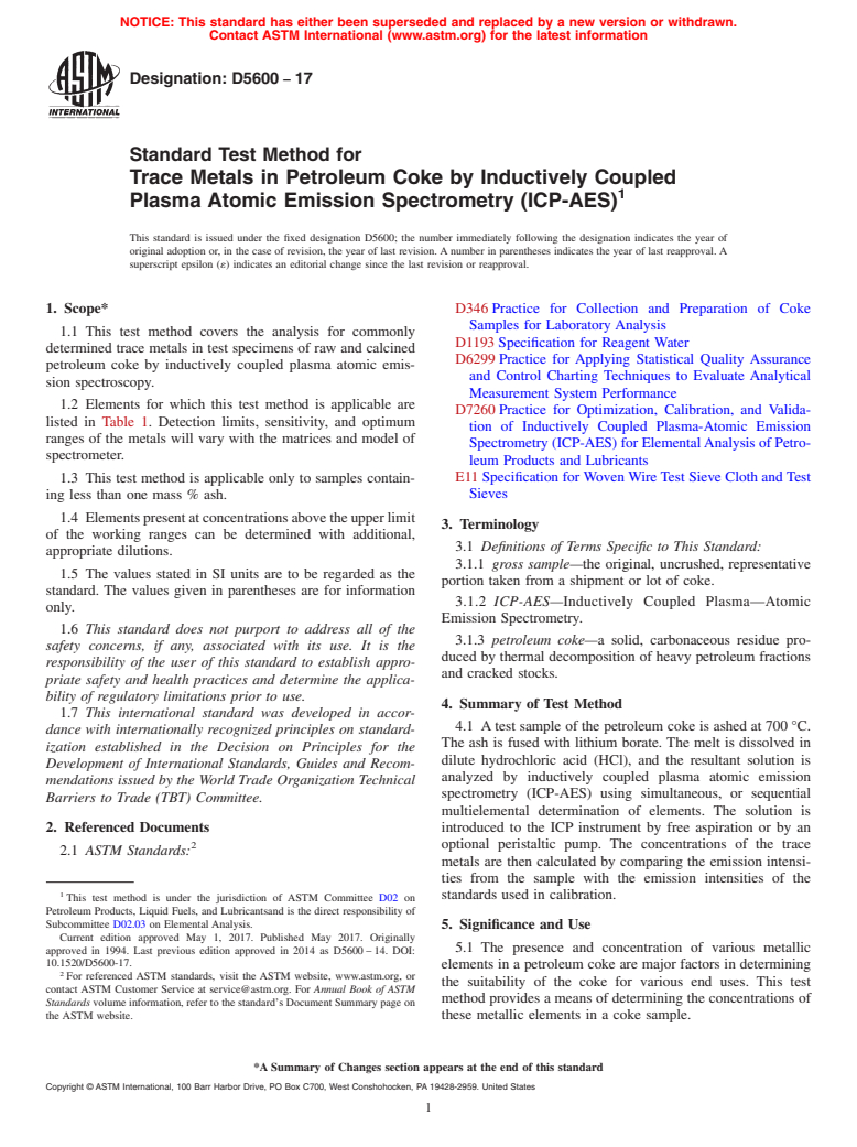 ASTM D5600-17 - Standard Test Method for  Trace Metals in Petroleum Coke by Inductively Coupled Plasma   Atomic Emission Spectrometry (ICP-AES)