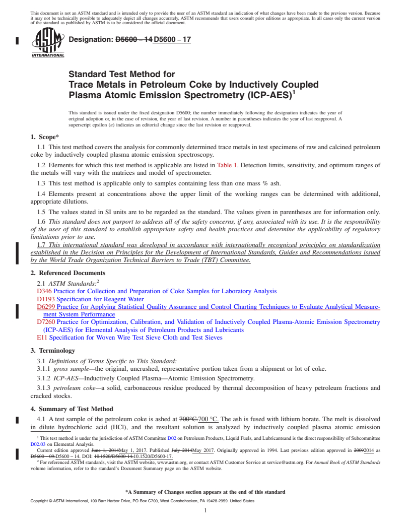 REDLINE ASTM D5600-17 - Standard Test Method for  Trace Metals in Petroleum Coke by Inductively Coupled Plasma   Atomic Emission Spectrometry (ICP-AES)