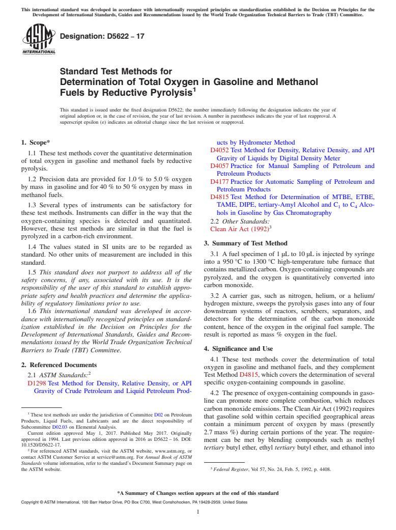 ASTM D5622-17 - Standard Test Methods for  Determination of Total Oxygen in Gasoline and Methanol Fuels  by Reductive Pyrolysis