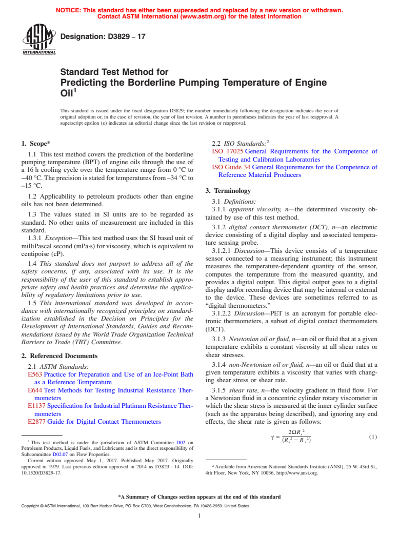 ASTM D3829-17 - Standard Test Method for Predicting the Borderline Pumping Temperature of Engine Oil