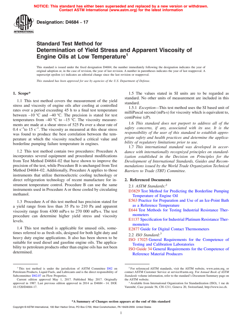 ASTM D4684-17 - Standard Test Method for Determination of Yield Stress and Apparent Viscosity of Engine  Oils at Low Temperature