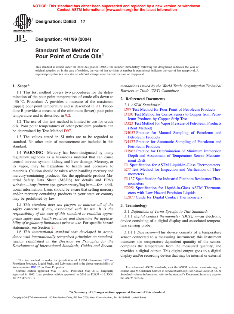 ASTM D5853-17 - Standard Test Method for  Pour Point of Crude Oils