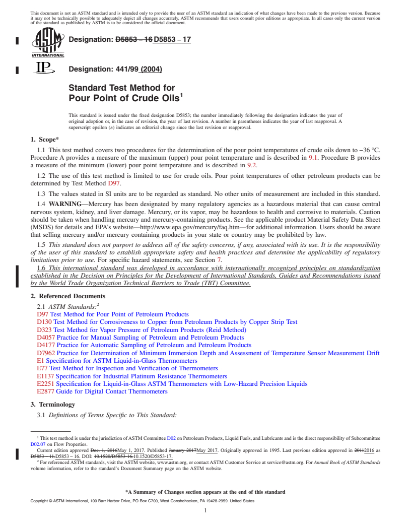 REDLINE ASTM D5853-17 - Standard Test Method for  Pour Point of Crude Oils