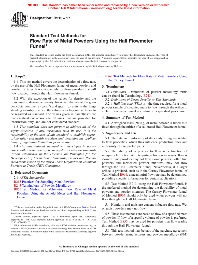 ASTM B213-17 - Standard Test Methods for Flow Rate of Metal Powders Using the Hall Flowmeter Funnel