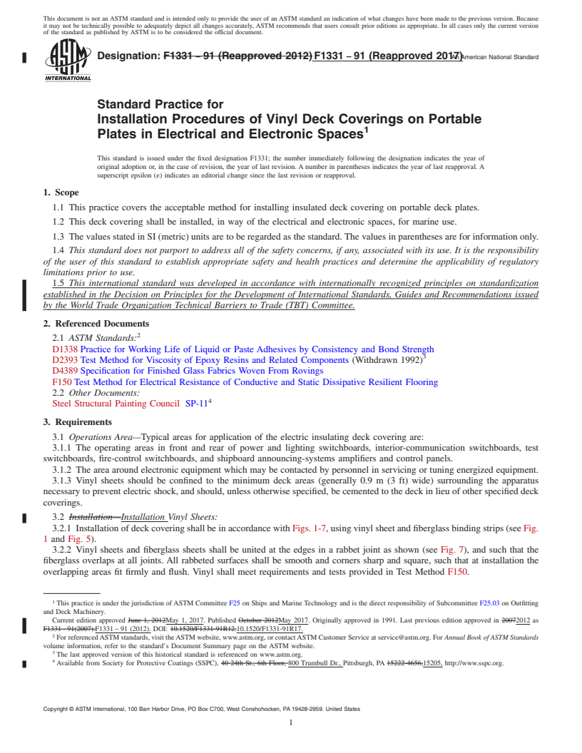 REDLINE ASTM F1331-91(2017) - Standard Practice for  Installation Procedures of Vinyl Deck Coverings on Portable   Plates in Electrical and Electronic Spaces