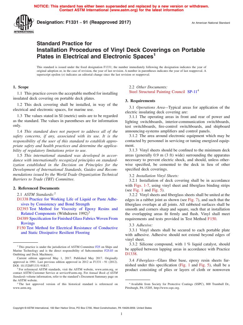 ASTM F1331-91(2017) - Standard Practice for  Installation Procedures of Vinyl Deck Coverings on Portable   Plates in Electrical and Electronic Spaces