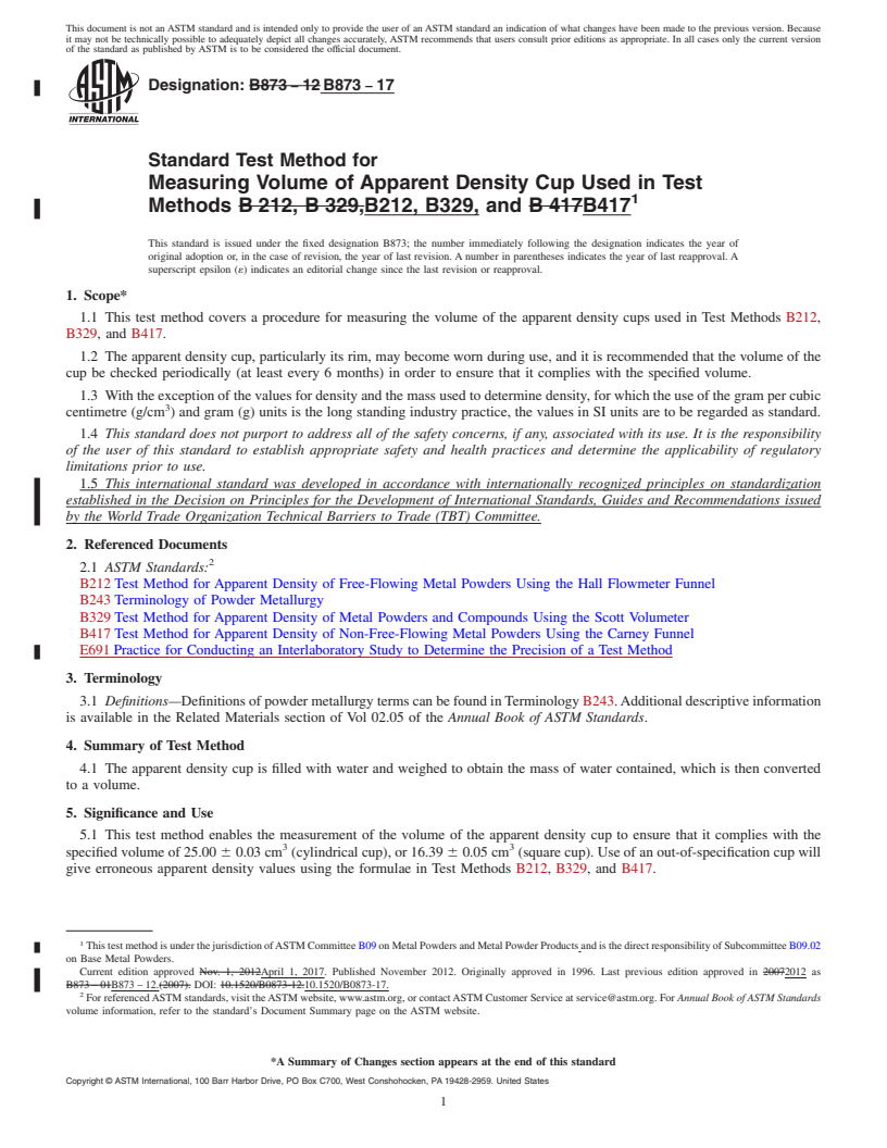 REDLINE ASTM B873-17 - Standard Test Method for  Measuring Volume of Apparent Density Cup Used in Test Methods  B212, B329, and B417