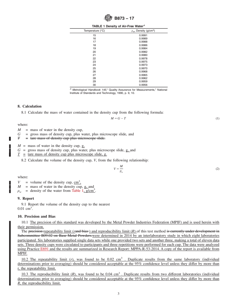 REDLINE ASTM B873-17 - Standard Test Method for  Measuring Volume of Apparent Density Cup Used in Test Methods  B212, B329, and B417