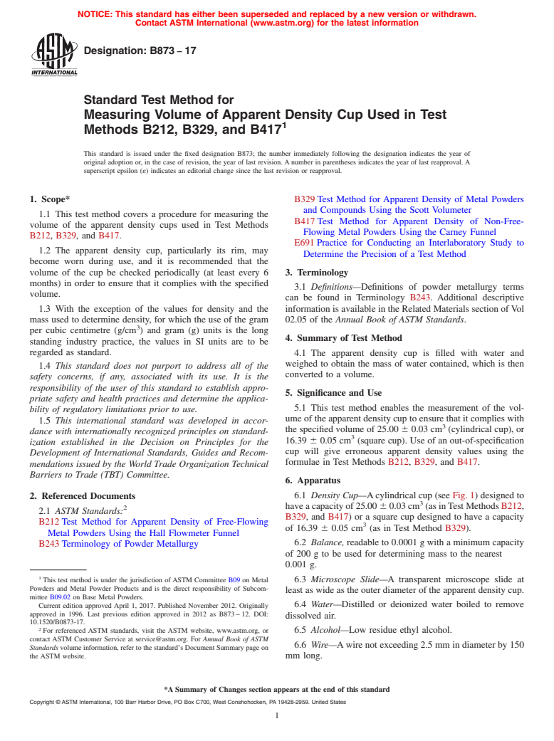 ASTM B873-17 - Standard Test Method for  Measuring Volume of Apparent Density Cup Used in Test Methods  B212, B329, and B417