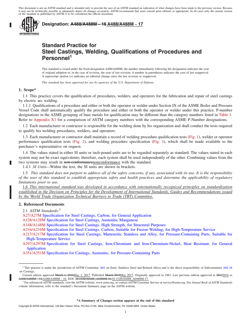 REDLINE ASTM A488/A488M-17 - Standard Practice for  Steel Castings, Welding, Qualifications of Procedures and Personnel