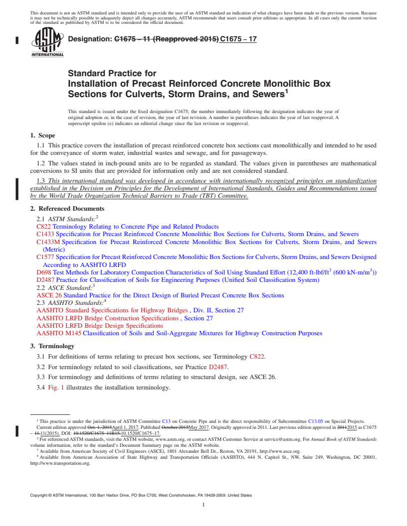 REDLINE ASTM C1675-17 - Standard Practice for  Installation of Precast Reinforced Concrete Monolithic Box   Sections for Culverts, Storm Drains, and Sewers