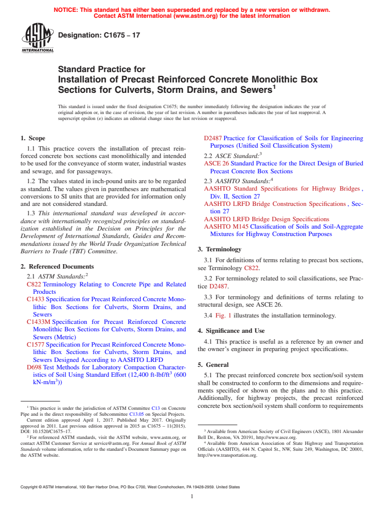 ASTM C1675-17 - Standard Practice for  Installation of Precast Reinforced Concrete Monolithic Box   Sections for Culverts, Storm Drains, and Sewers